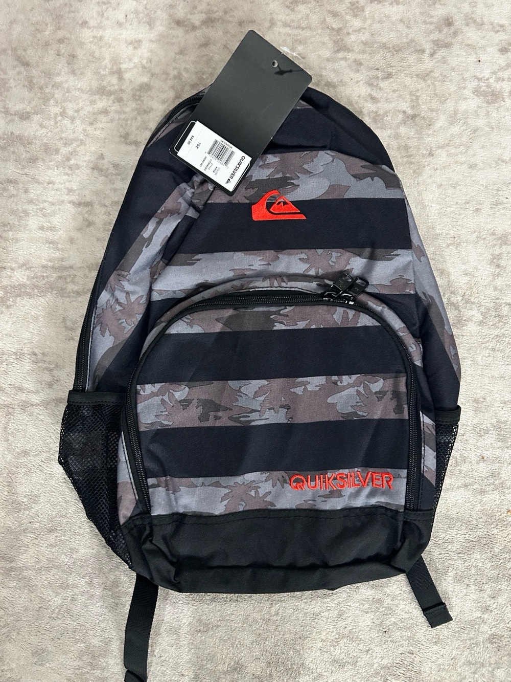 Quiksilver Black & Gray Striped Backpack with Red Logo Accent